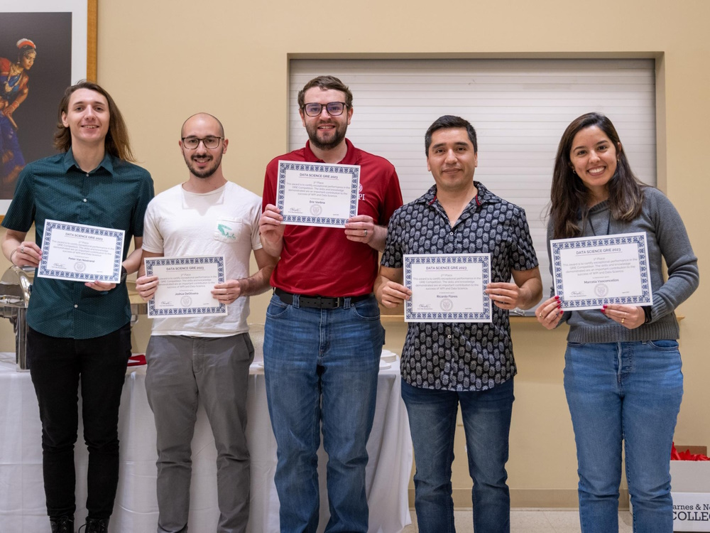 2023 Data Science GRIE winners holding their awards. From left to right Peter VanNostrand, Joshua DeOliveira, Eric Warnemunde Vertina, Ricardo Flores, and Marcela Vasconcellos